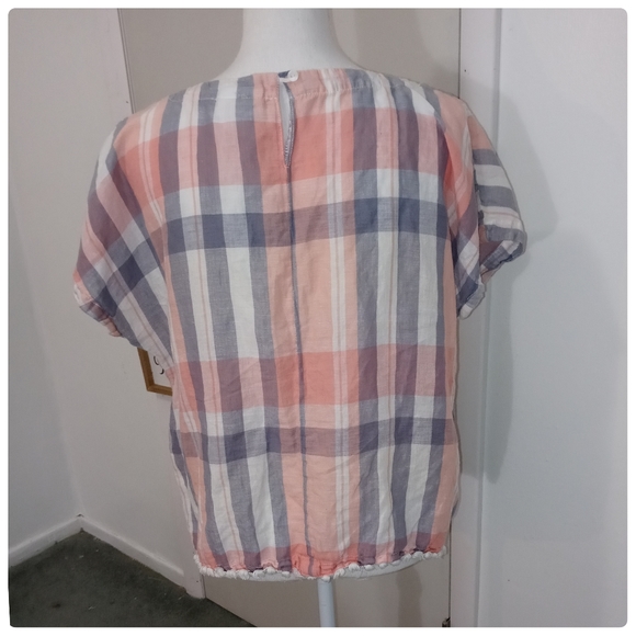 Neutral Check Print Linen Cotton Blend Gray White Peach Orange Top Size Large● - Picture 9 of 16